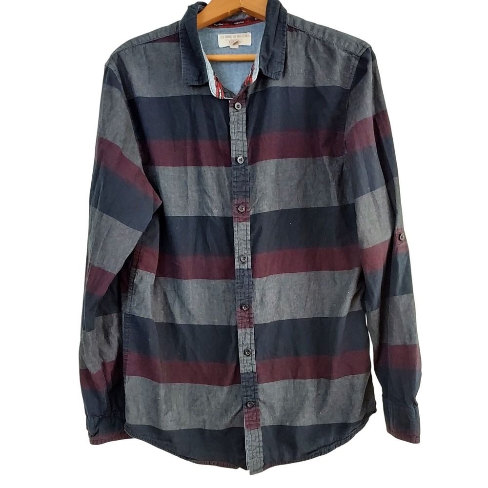 Triple‎ Five Soul Button Up Shirt Mens Medium Multicolor Striped Roll Tab Sleeve